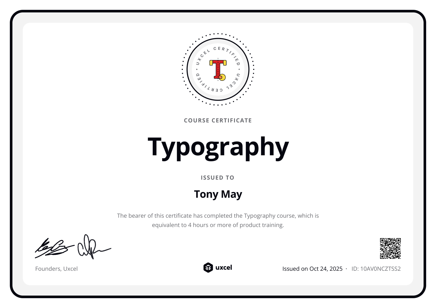 Tony May's certificate